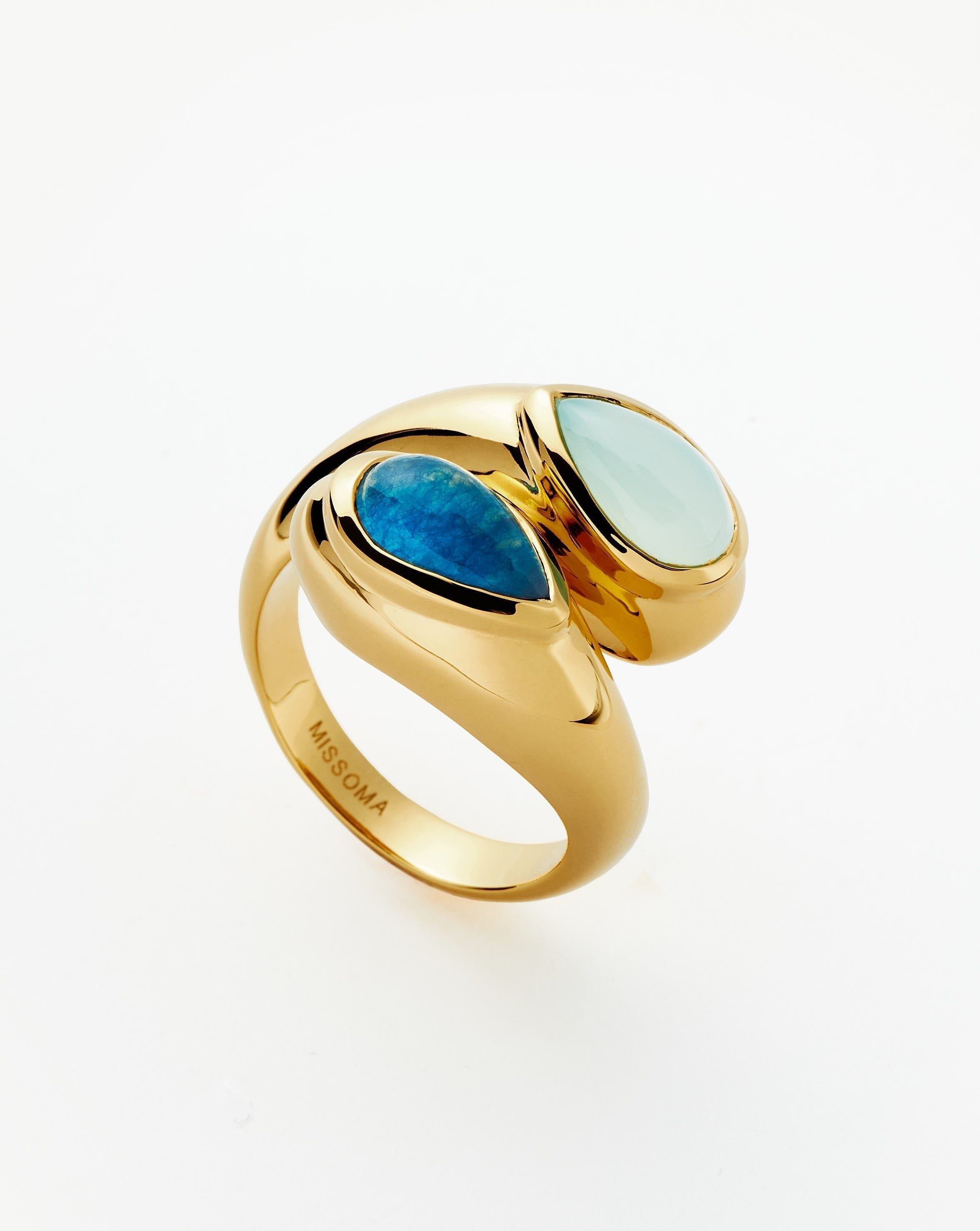 Good Vibes Double Gemstone Crossover Ring | 18ct Gold Plated/Petrol Blue Quartz & Aqua Chalcedony