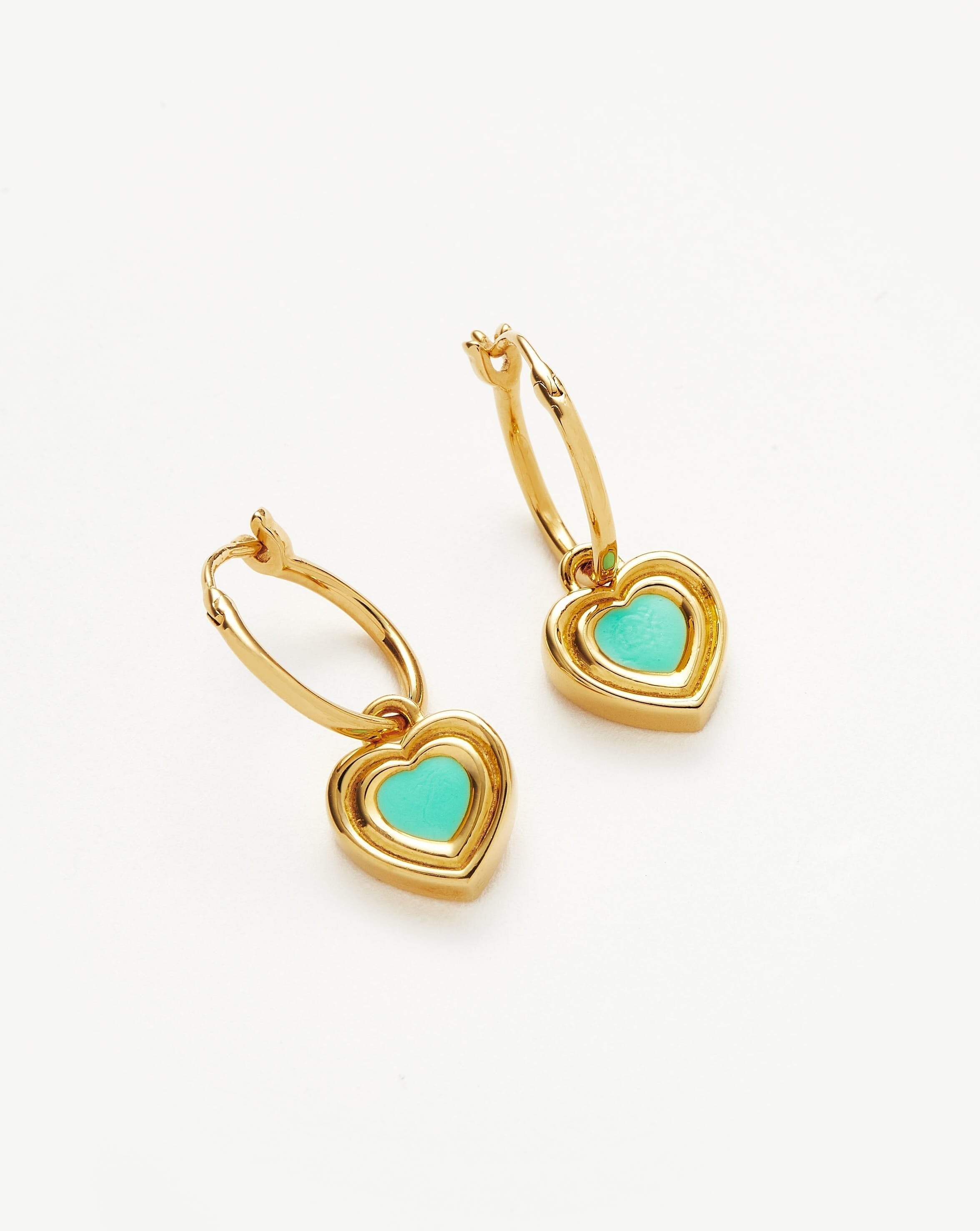 Good Vibes Enamel Heart Mini Charm Hoop Earrings | 18ct Gold Vermeil/Aqua