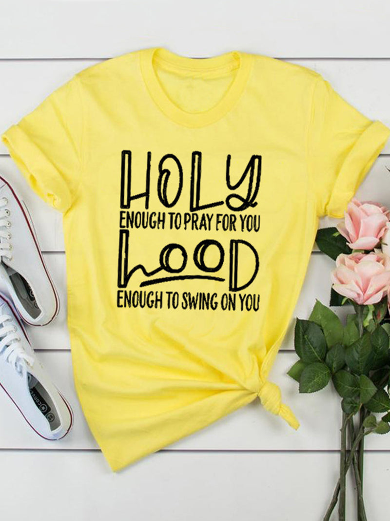 Damen Holy Hood Letter Print Kurzarm T-Shirts mit Rundhalsausschnitt