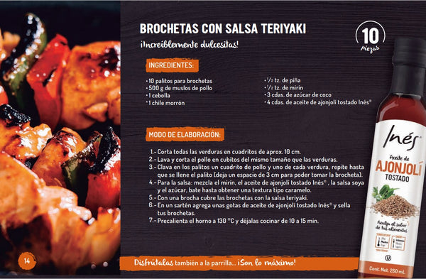 Brochetas con salsa teriyaki y aceite de ajonjolí