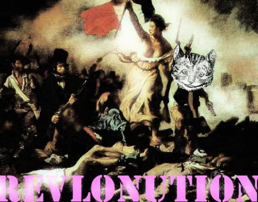 Katersalon-Flyer mit Revolutionsgemälde, Cheshire Cat und »REVLONUTION«