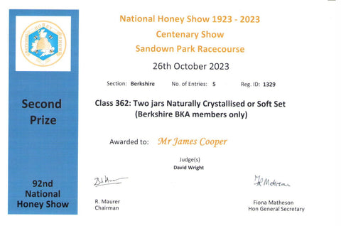 National Honey Show 2023 - 2nd Prize Card Soft Set Honey (Berkshire)
