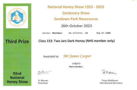 3rd Prize Card - Two jars dark honey - National Honey Show 2023