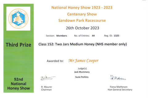 3rd Prize Card - Two jars Medium Honey National Honey Show 2023 (Members)
