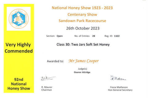 Very Highly Commended Prize Card - Two jars soft set honey - National Honey Show 2023 (Open class)
