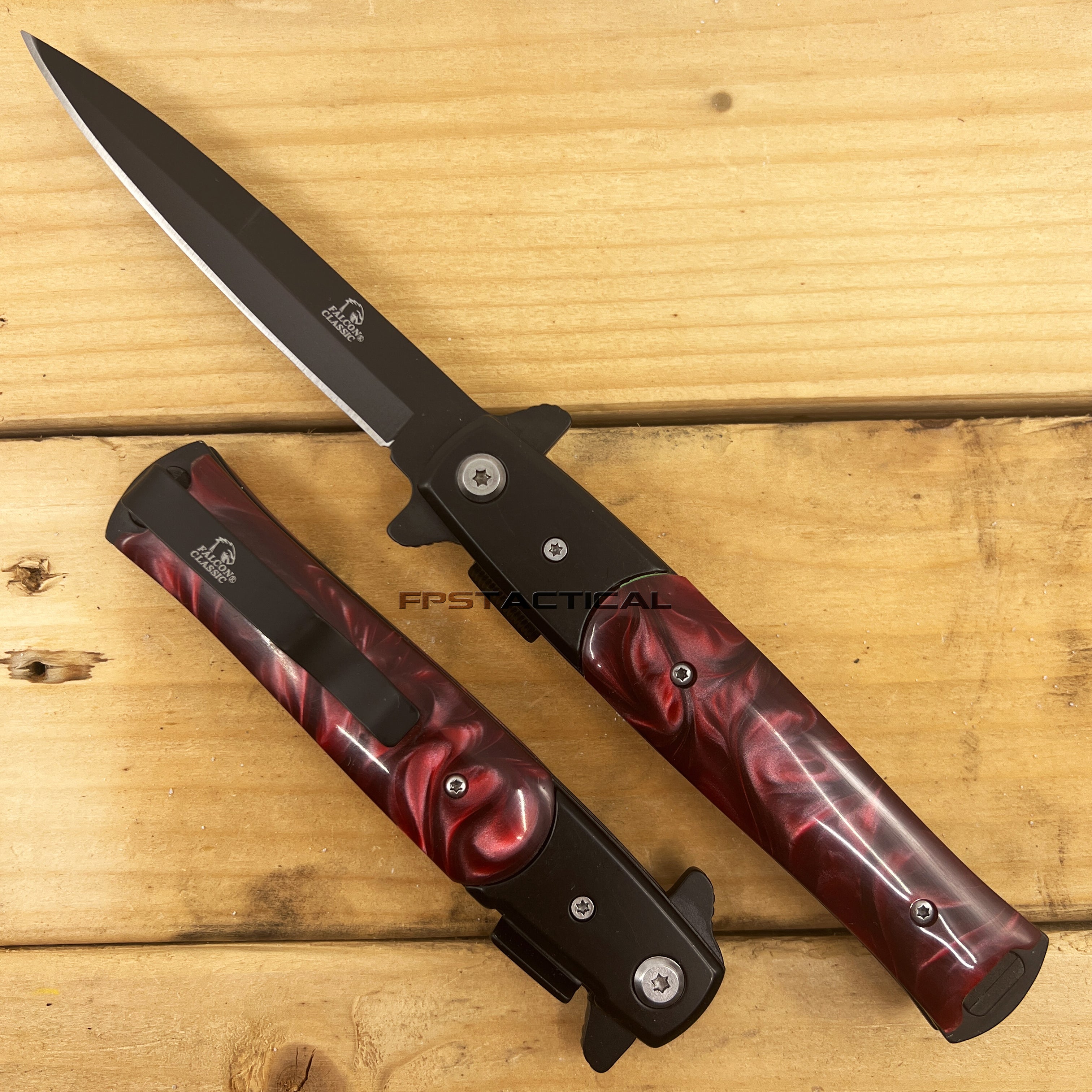 Falcon Black and Burgundy Marble Pearlex Spring Assisted Stiletto Knife 3.75"
