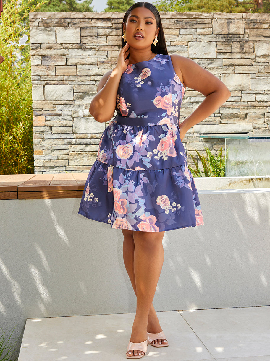 Chi Chi Plus Size Floral Printed Tiered Skirt Mini Dress in Navy, Size 20