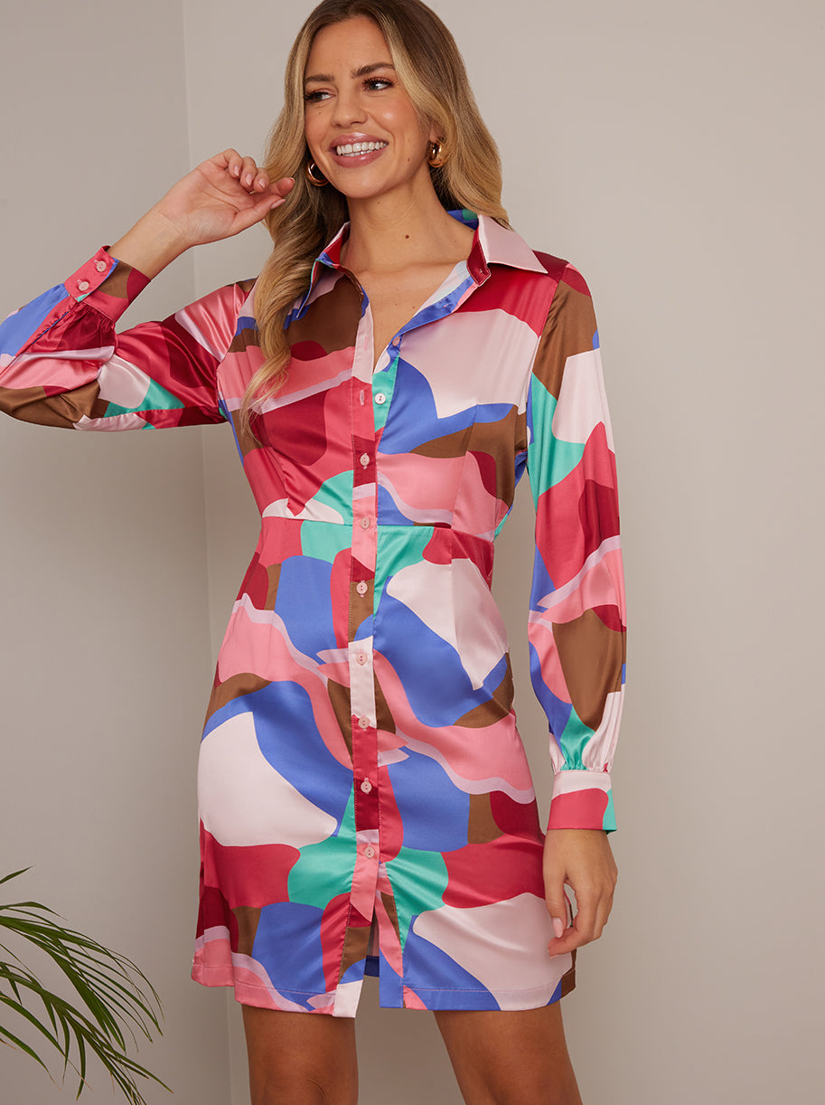 Chi Chi Abstract Printed Shirt Dress in Pink, Size 8