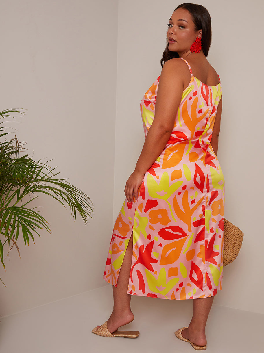 Chi Chi Plus Size Abstract Print Midi Slip Dress in Orange, Size 18