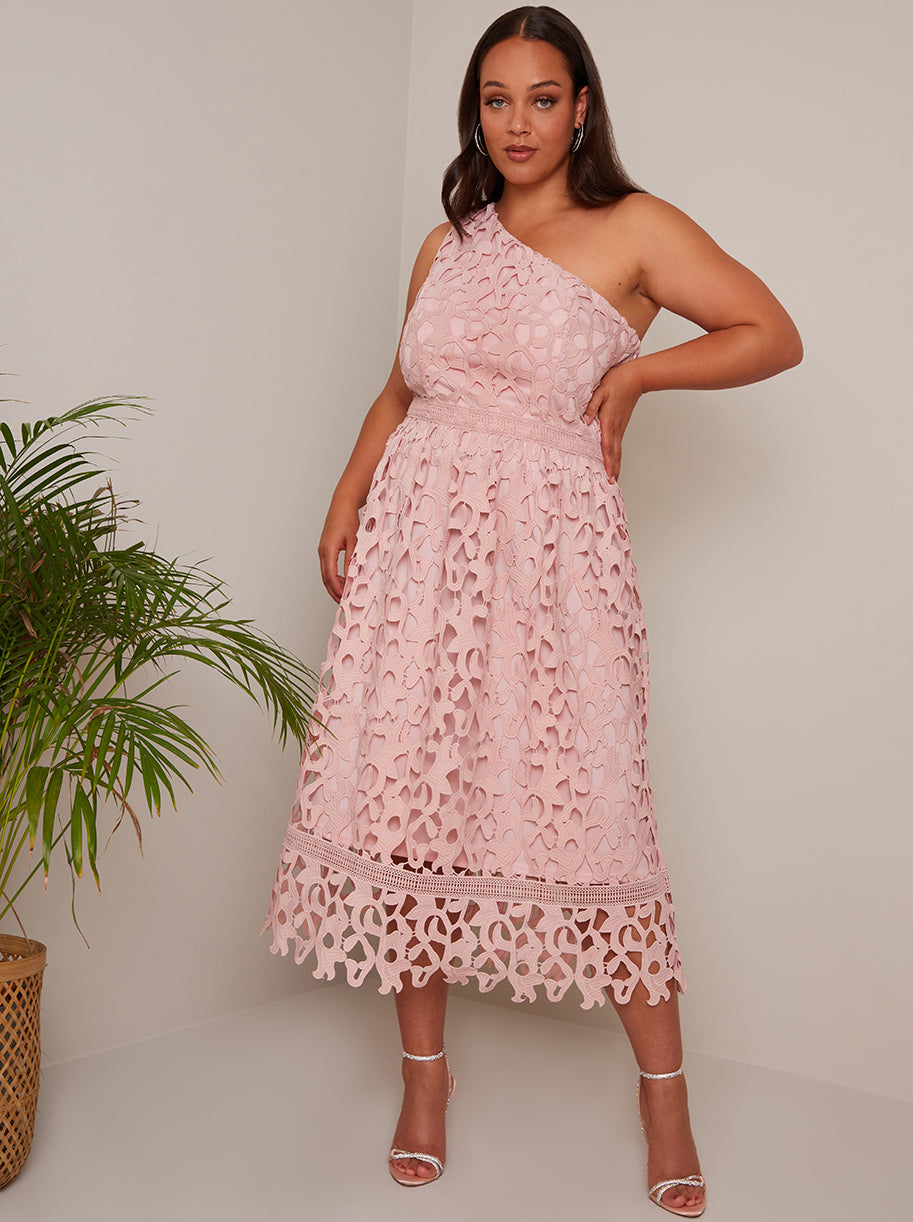 Chi Chi Plus Size One Shoulder Premium Lace Midi Dress in Blush, Size 26