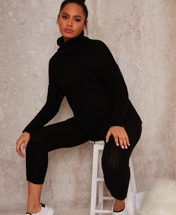 Roll Neck Ribbed Loungewear Set in Black