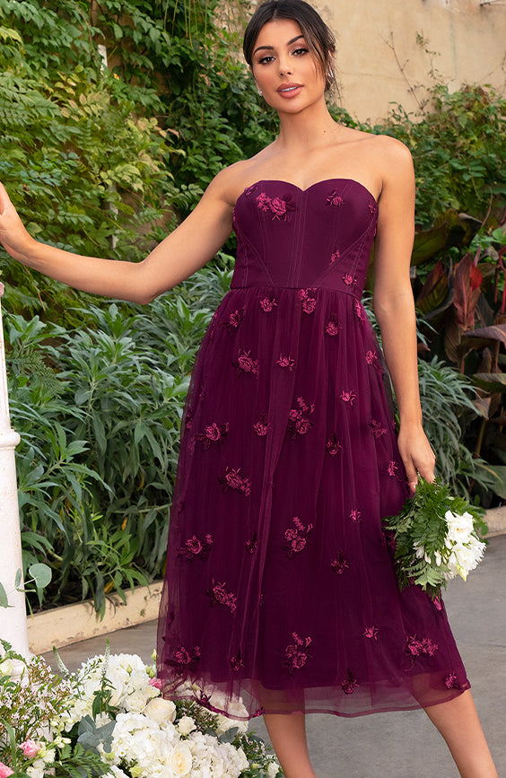 Bardot Lace Overlay Tulle Midi Dress In Burgundy