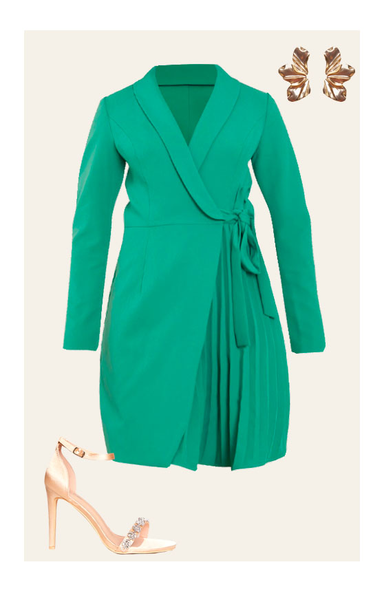 Wrap Style Pleated Blazer Dress in Green
