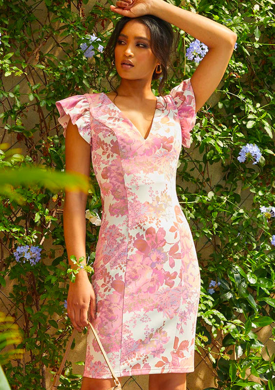 V Neck Floral Print Bodycon Dress in Pink