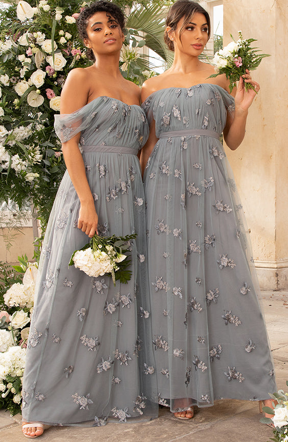 Bridesmaids in Grey Embroidered Dresses
