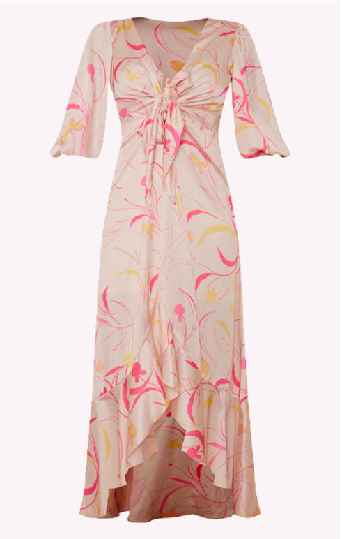 Graphic Print Plunge Front Tie Up Satin Maxi Dress in Cream