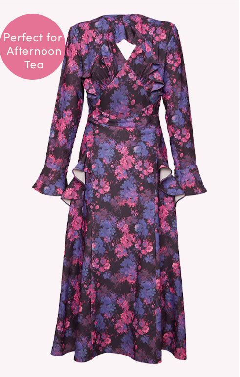 Long Sleeve V Neck Floral Print Midi Dress in Black