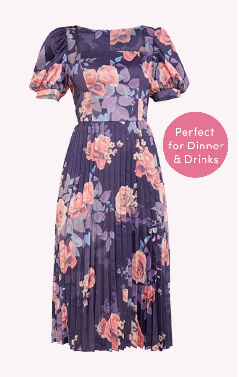 Floral Print Pleated Midi Skater Dress in Navy
