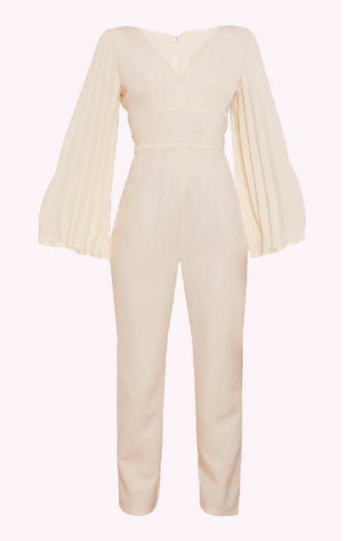 Long Bell Sleeve Pleated Jumpsuit in Cream
