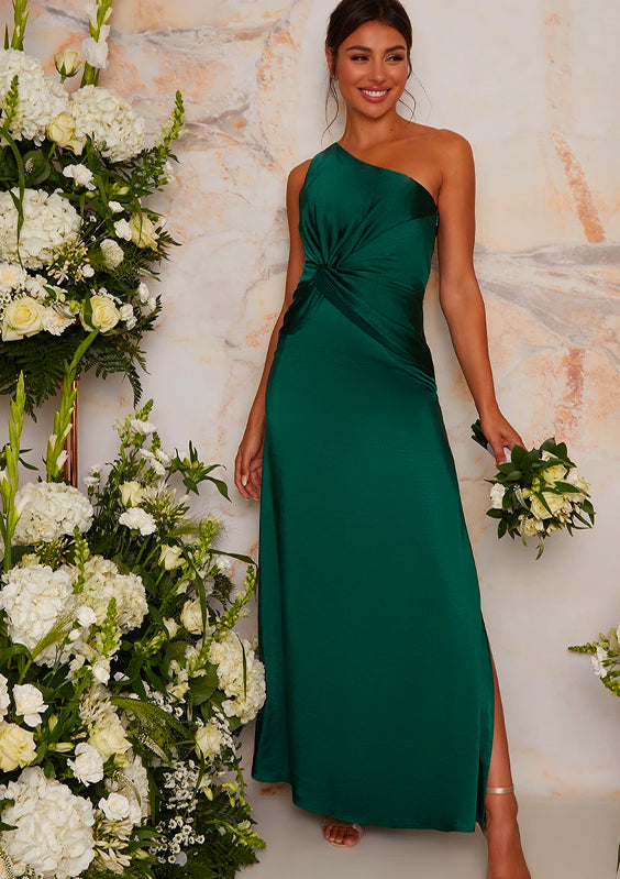 One Shoulder Satin Finish Maxi Bridesmaid Dress in Green
