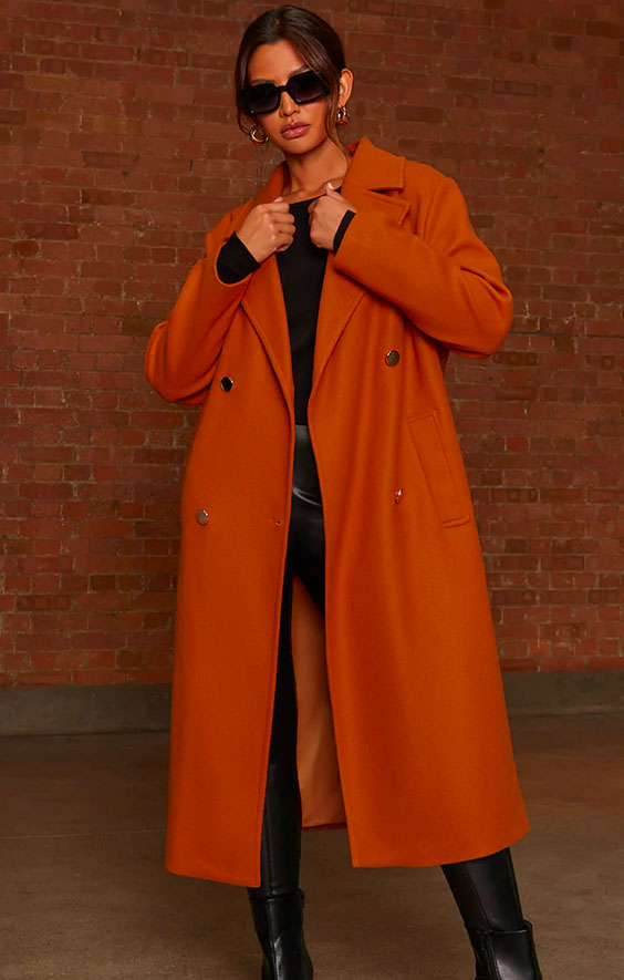 Double Breasted Crombie Coat in Orange