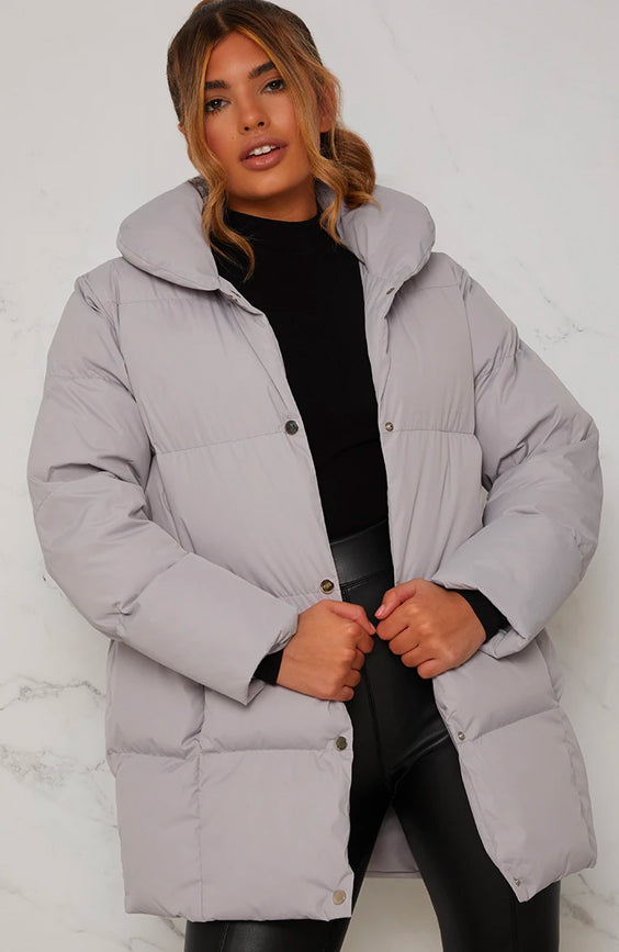 Padded Puffer Coat with Hood in Grey