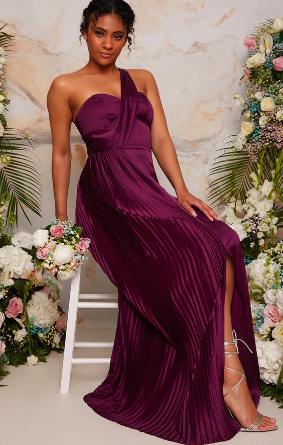 Pleated Satin One Shoulder Maxi Dress in Berry