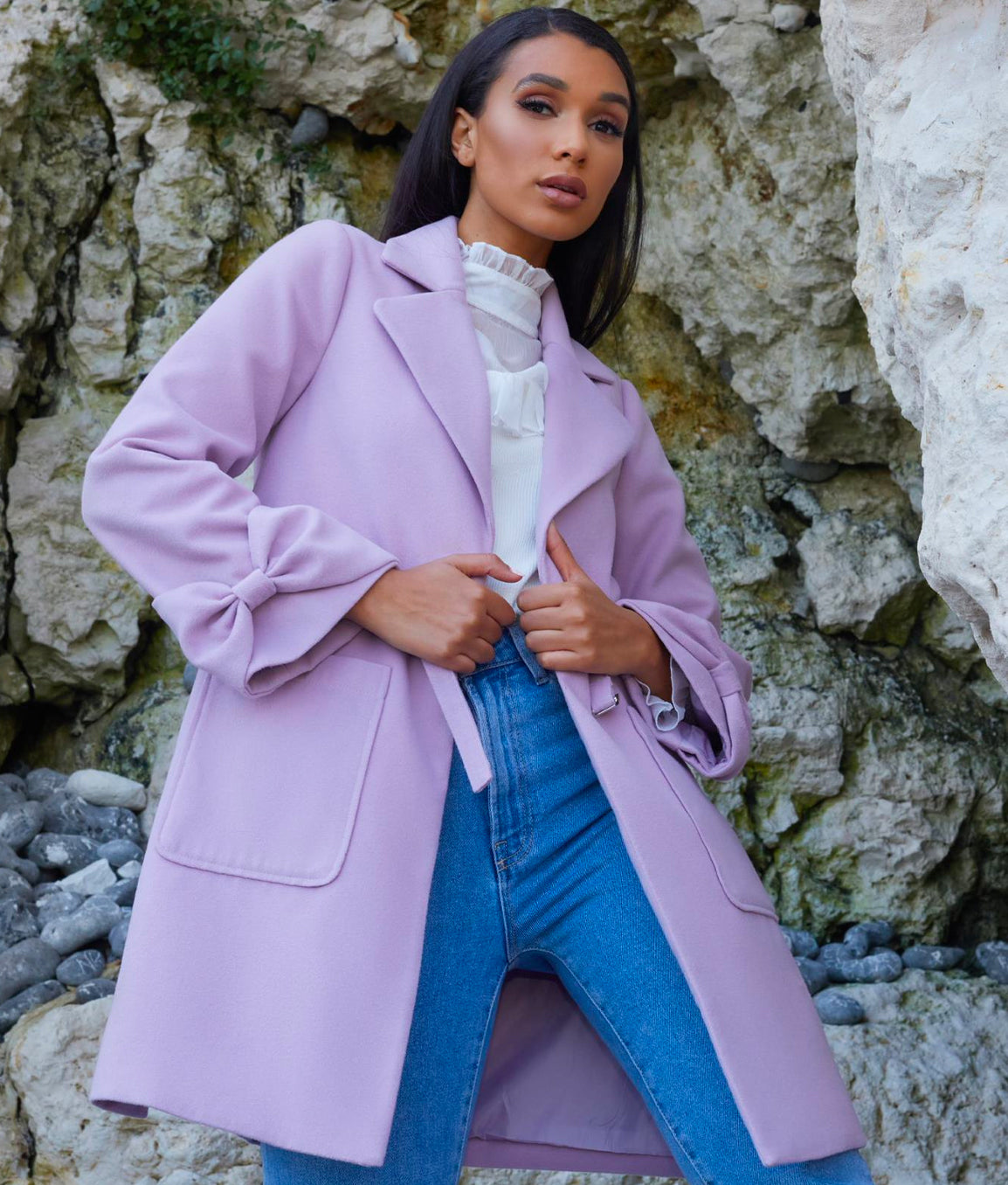 Structured Coat with Bow Sleeves and Belt Detail in Lilac