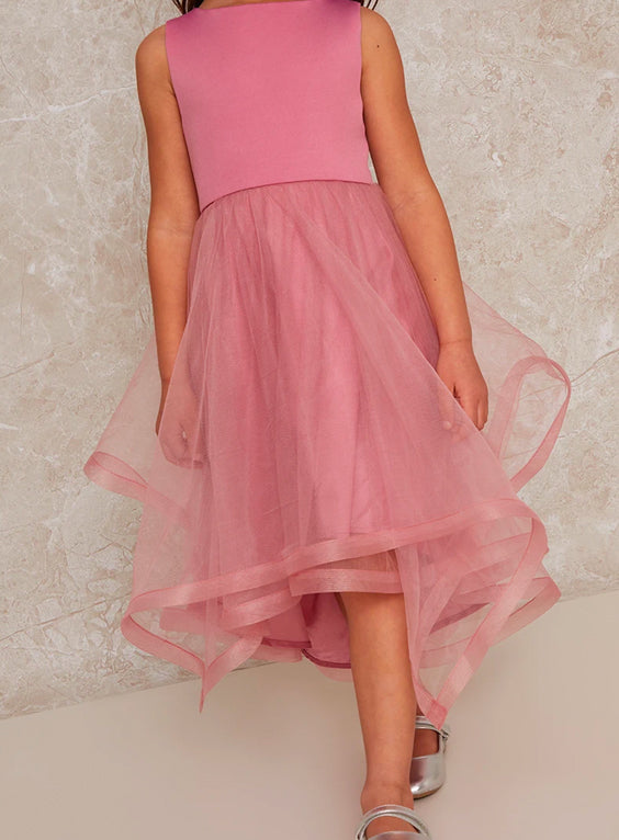 Girls Tulle Layered Midi Dress in Pink