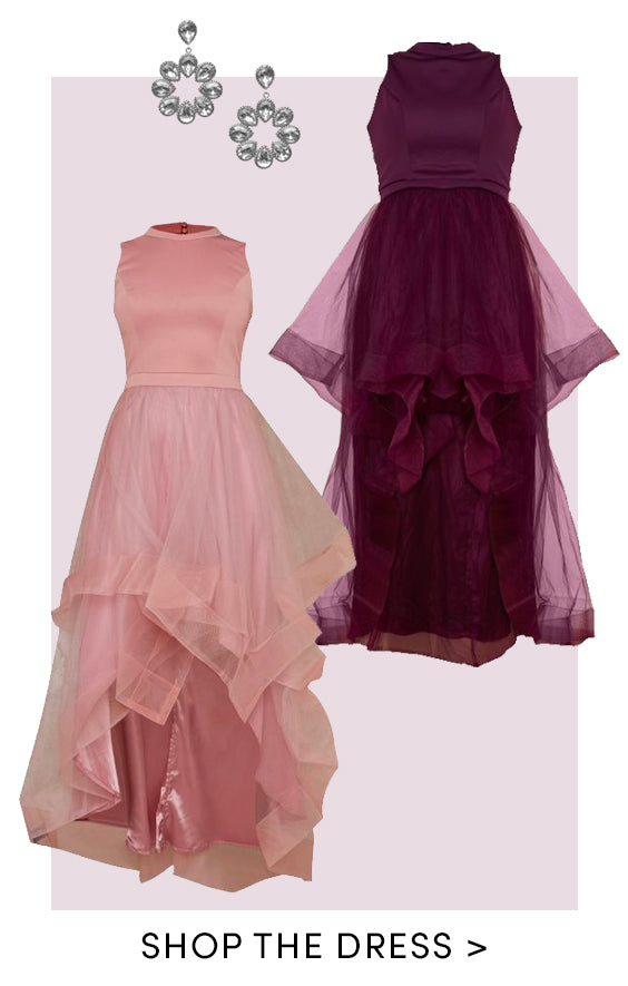 Dip Hem High Neck Dress with Tulle Skirt in Purple