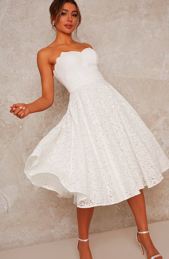 Bridal Strapless Lace Midi Dress in White