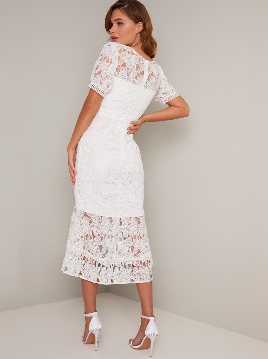 Short Sleeved Crochet Peplum Hem Midi Dress in White – Chi Chi London