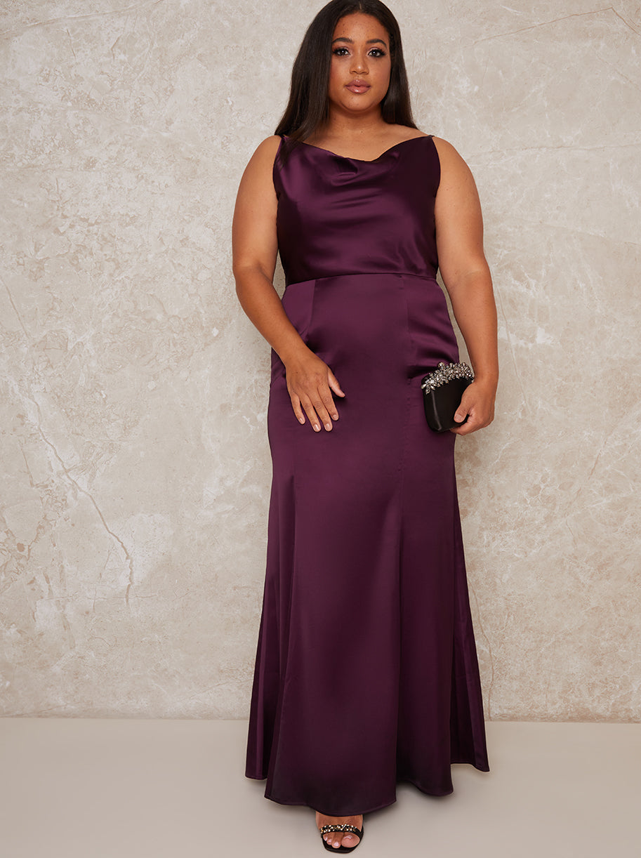 Chi Chi Plus Size Cowl Neck Satin Slip Maxi Dress in Purple, Size 22