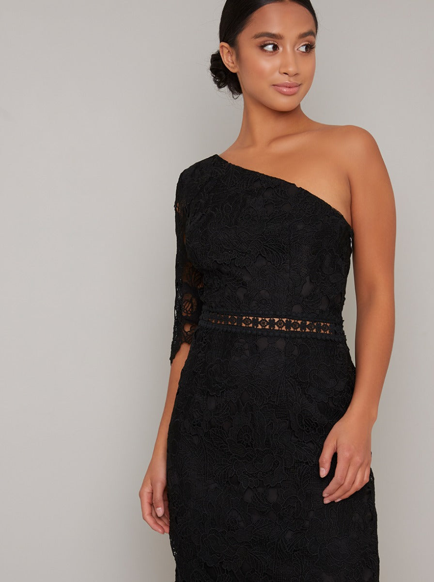 Chi Chi Petite Lace Bodycon One Shoulder Midi Dress in Black, Size 8