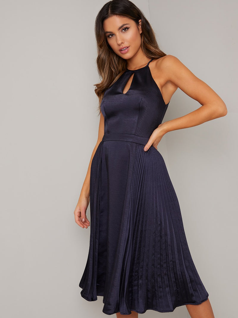 Halter Neck Cut Out Pleated Midi Dress in Blue – Chi Chi London