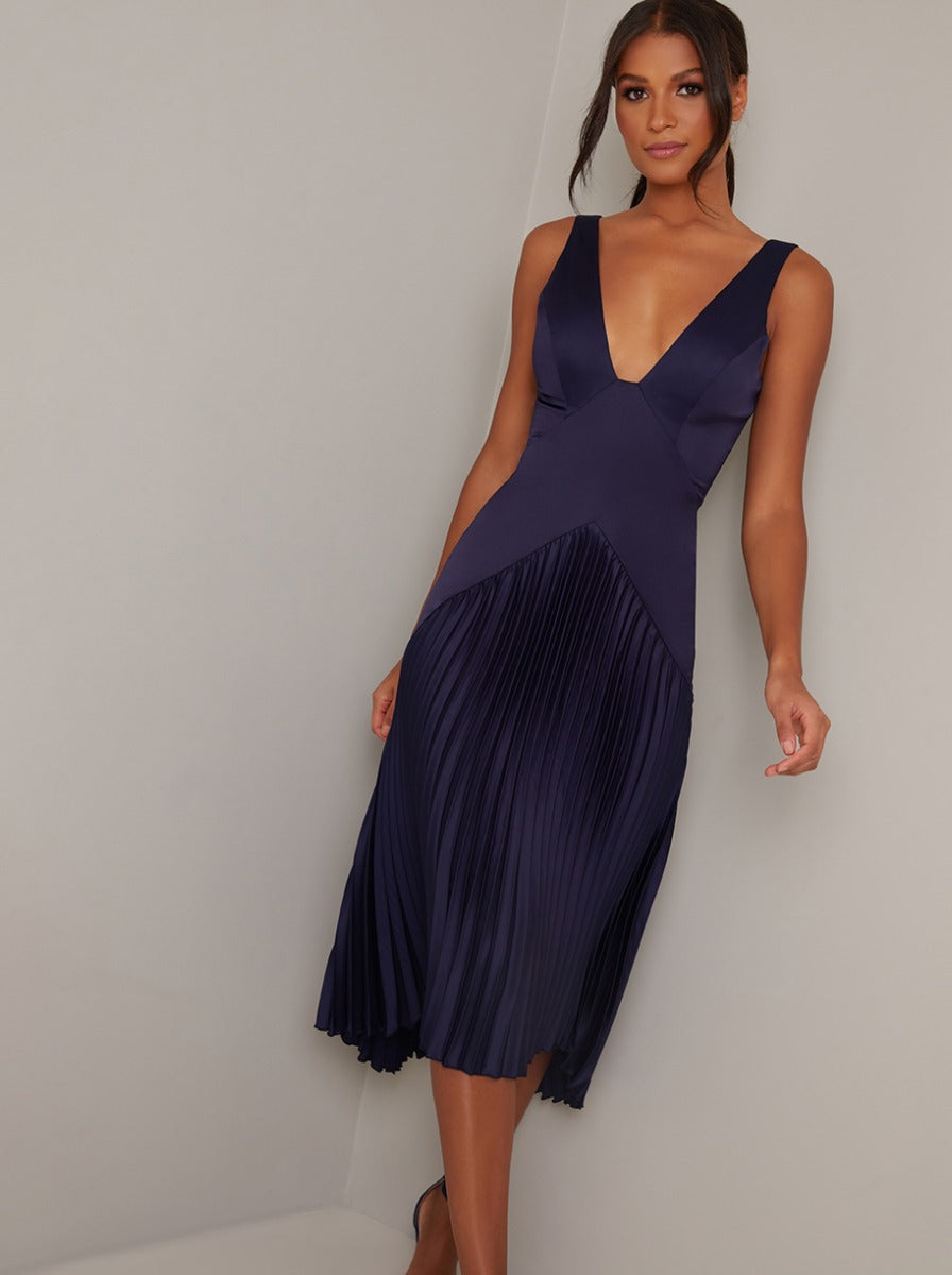 V Neck Satin Pleat Midi Dress In Blue Chichiclothing 0464