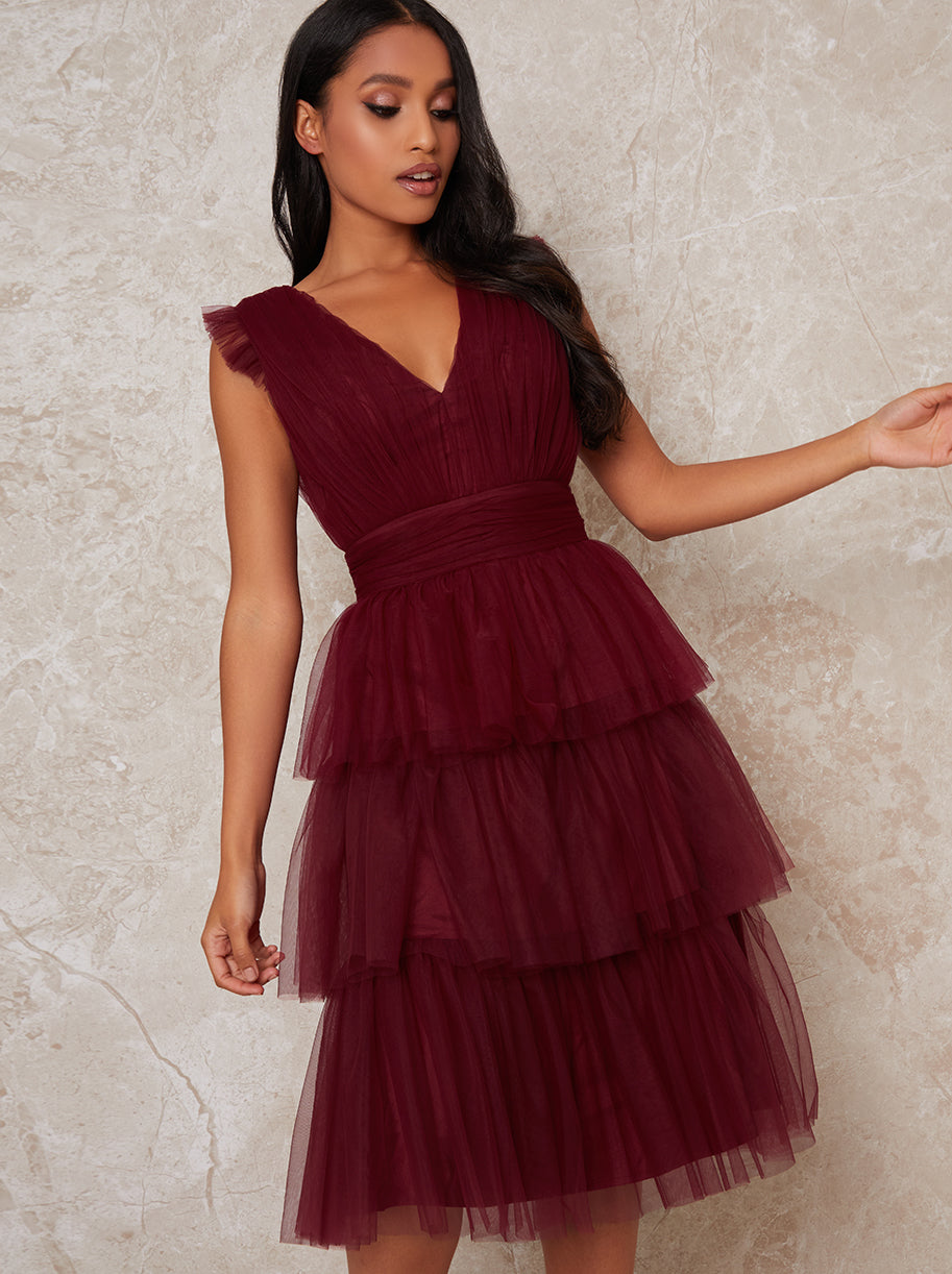 Petite V Neck Tulle Ruffle Midi Dress in Red – Chi Chi London