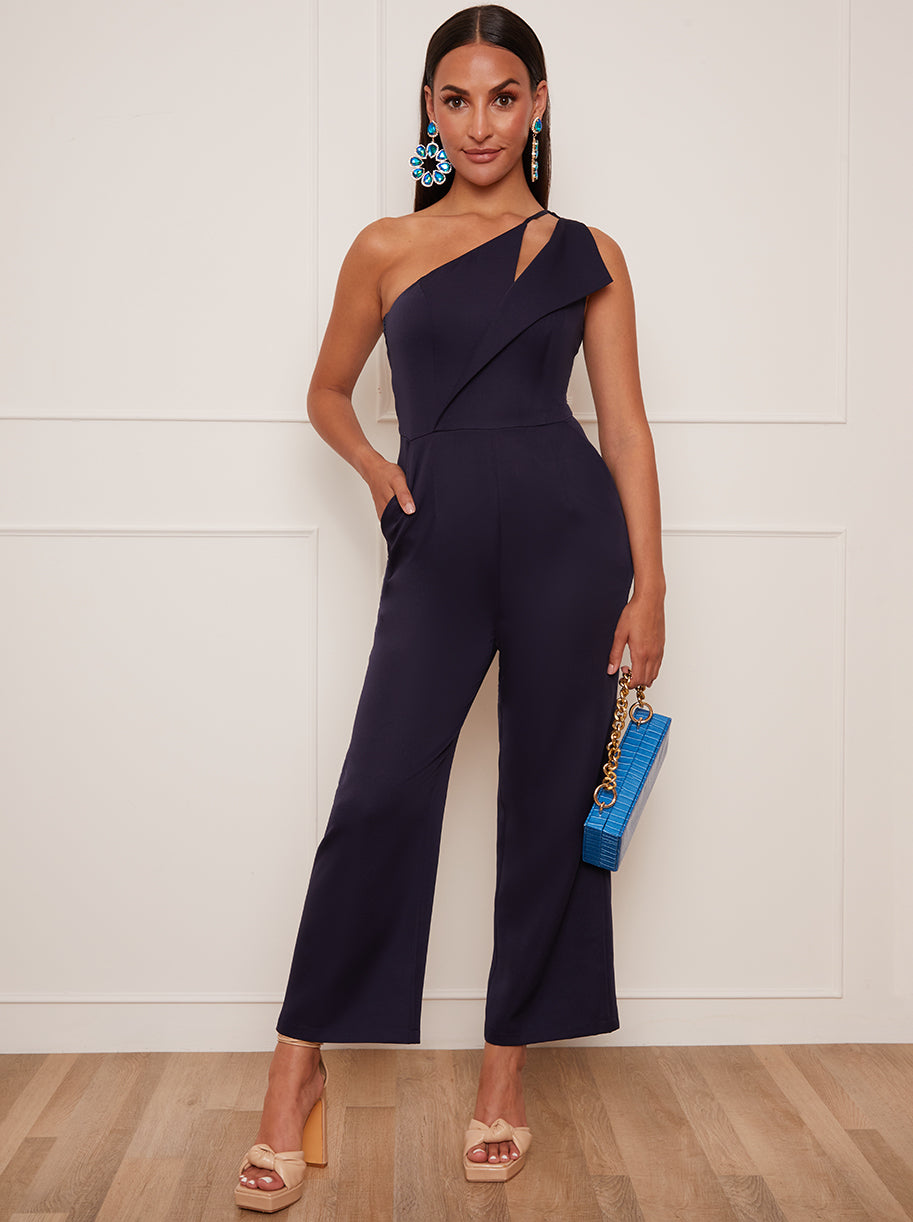 Chi Chi Petite Cut Out One Shoulder Jumpsuit in Navy, Size 16