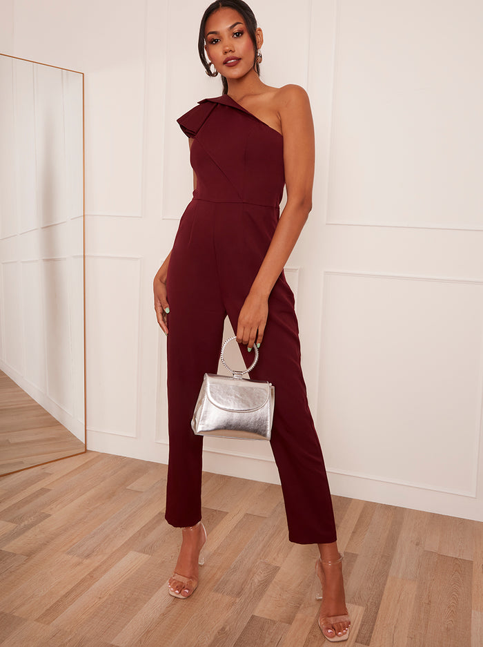 One-Shoulder Frill Detail Jumpsuit in Burgundy