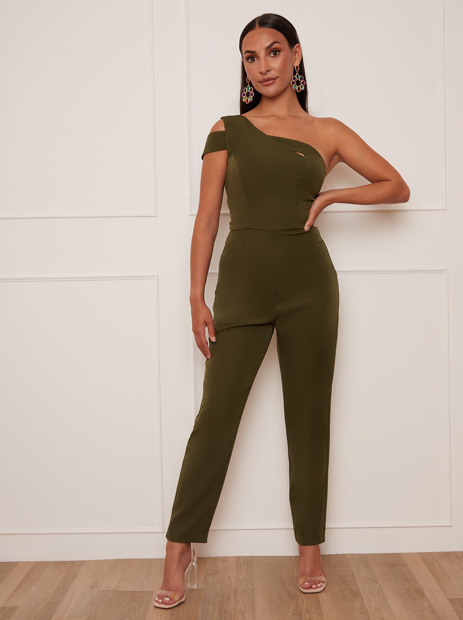 Chi Chi Petite One Shoulder Jumpsuit in Green, Size 12