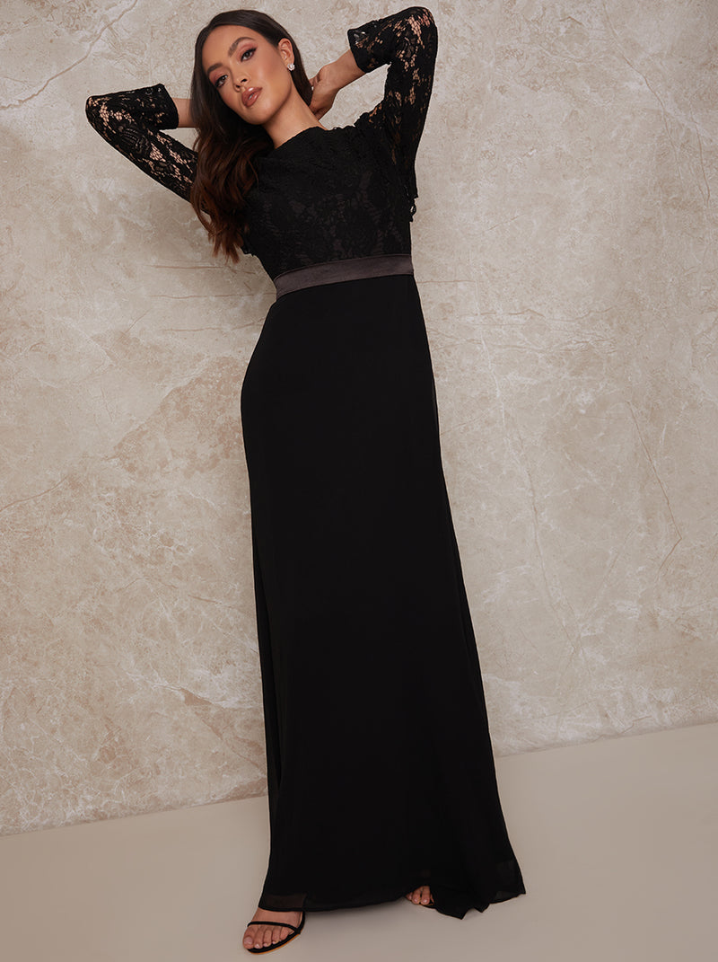 Long Sleeve Lace Bodice Maxi Dress In Black Chi Chi London 2982