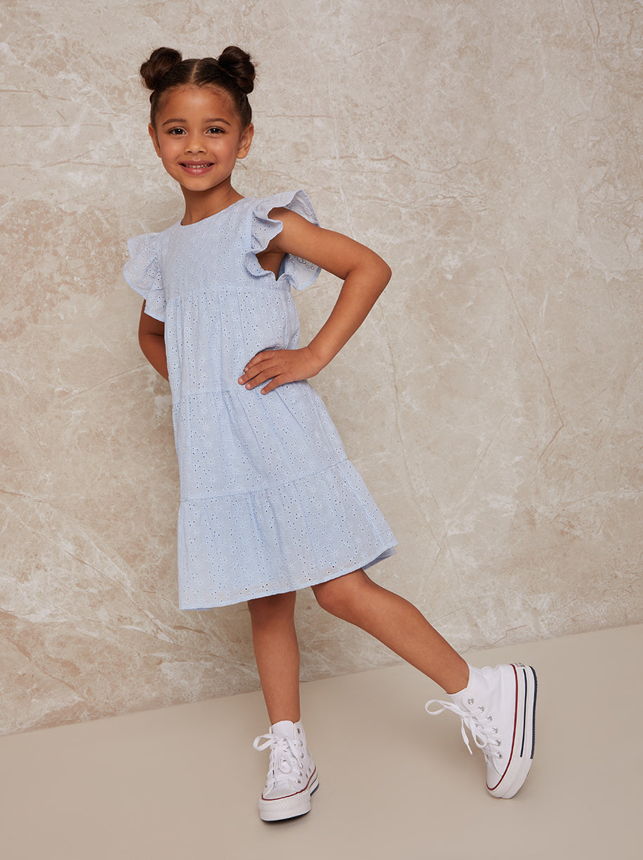 Chi Chi Tiered Broderie Smock Dress in Blue, Size 4 Years