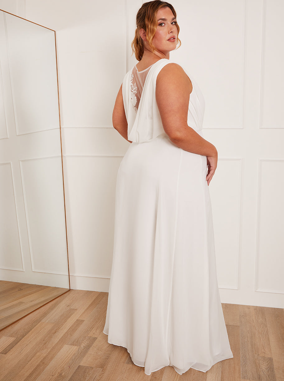 Chi Chi Plus Size V Neck Drape Maxi Wedding Dress in White, Size 22