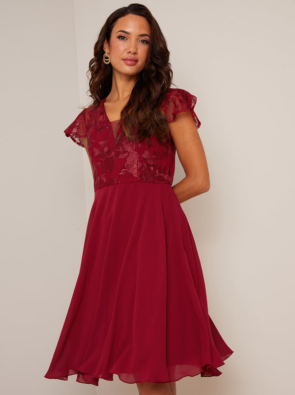 Bardot Premium Lace Midi Dress in Red – Chi Chi London