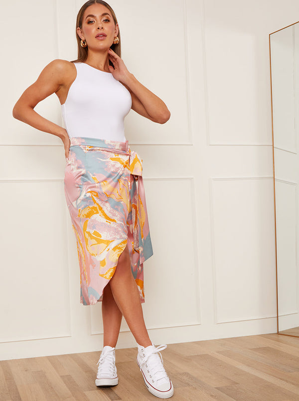 Floral Print Wrap Skirt with Tie-Up Waist