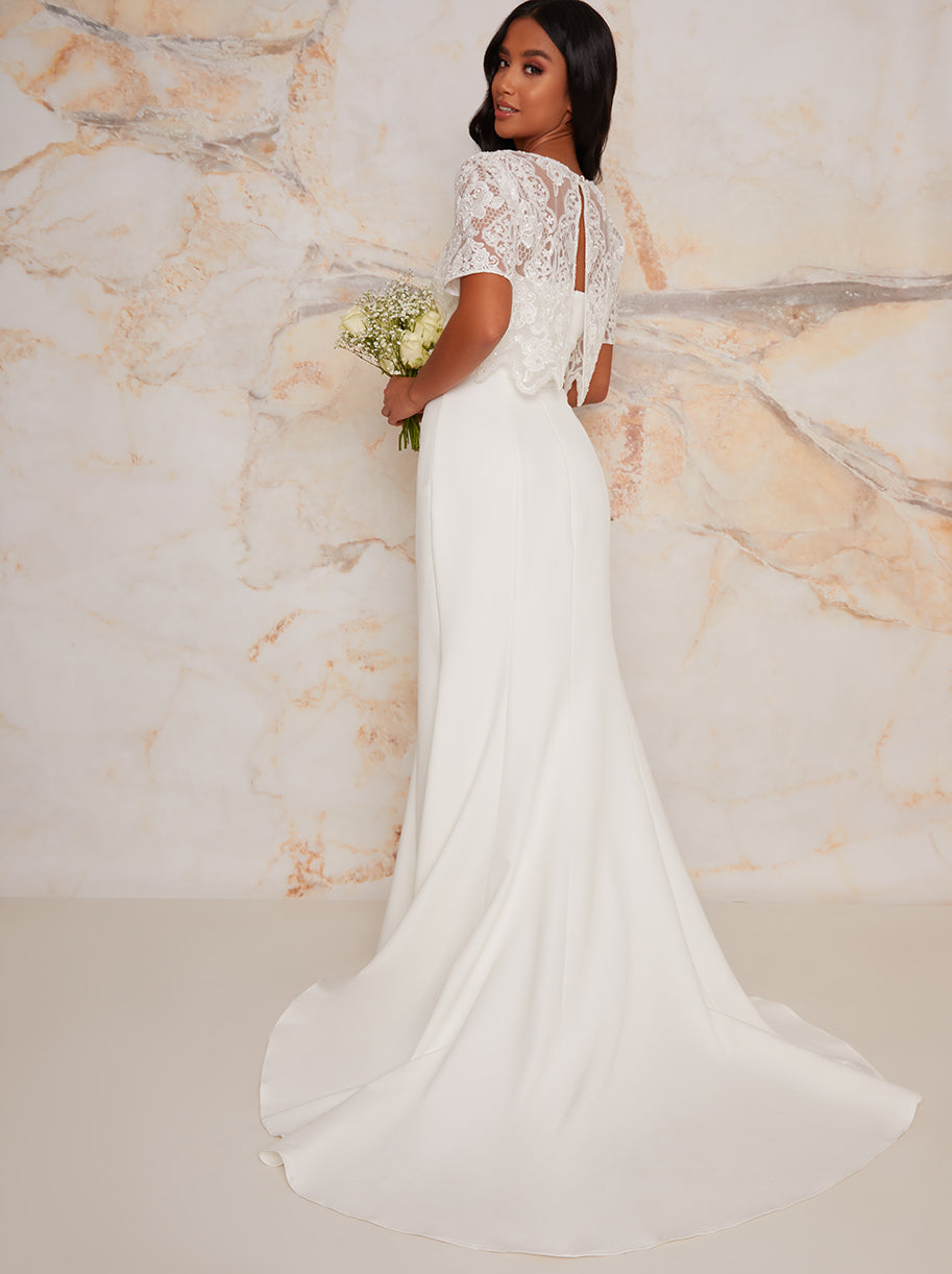 Chi Chi Petite Lace Overlay Bodice Maxi Wedding Dress in White, Size 6