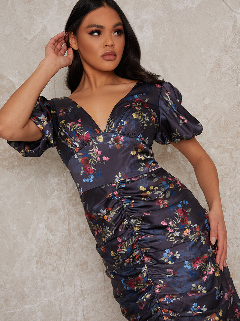 Satin Ruched Floral Midi Dress in Navy – Chi Chi London