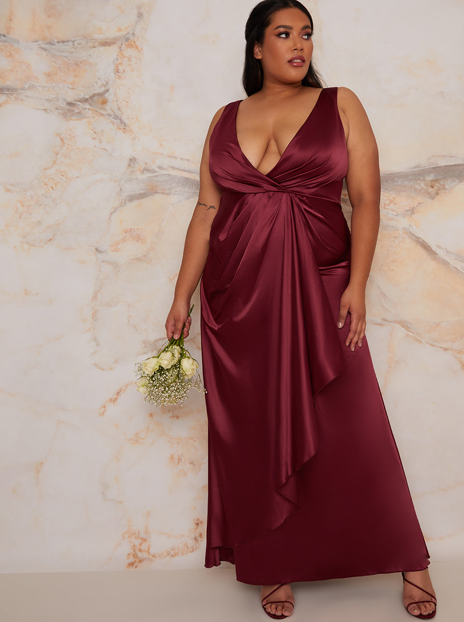 Chi Chi Plus Size Satin Wrap Maxi Dress in Berry, Size 22