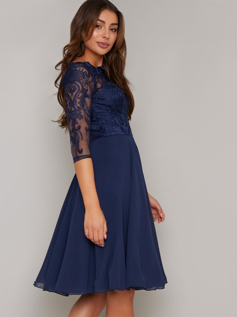 3/4 Sheer Sleeved Lace Bodice Midi Dress in Navy – Chi Chi London