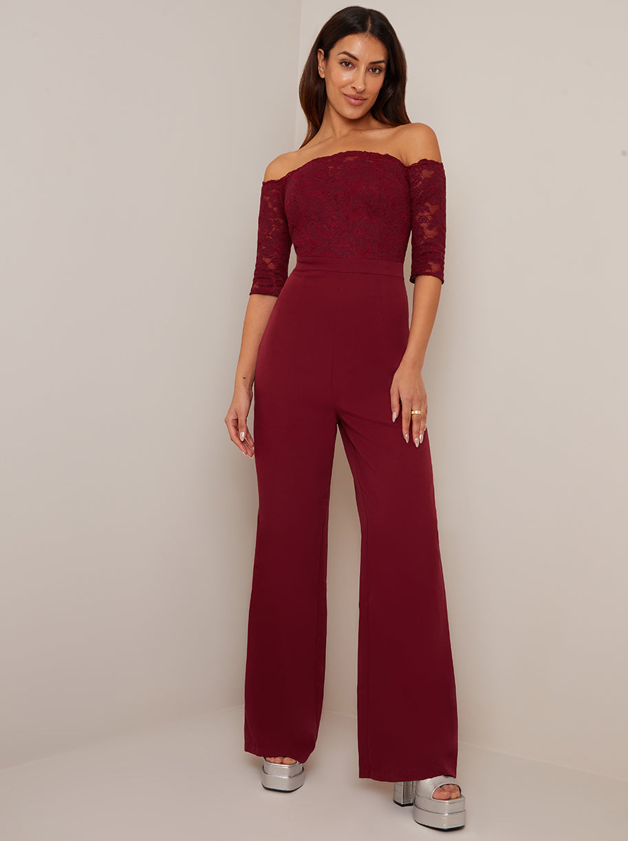 Chi Chi Bardot Embroidered Jumpsuit in Burgundy, Size 6